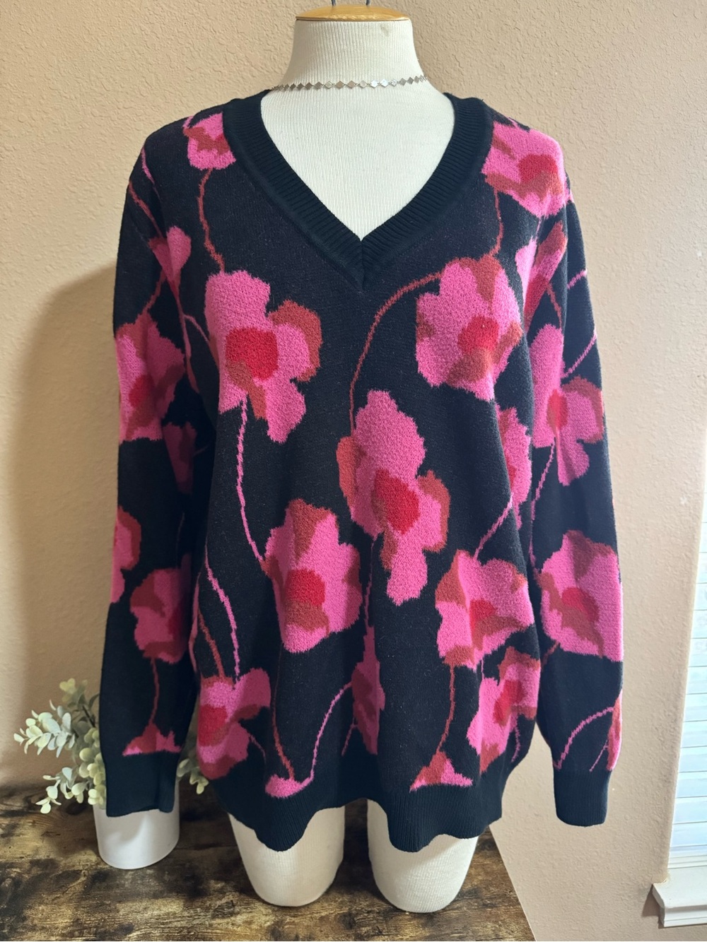 CAbi Black V-Neck Sweater with Pink Floral Jacquard